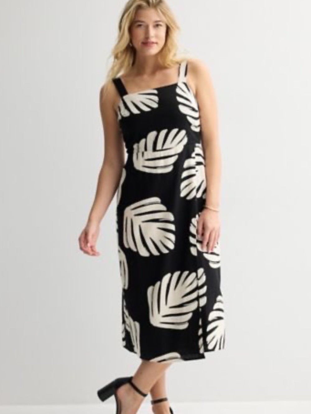 Nine West Black & Cream Linen Blend Tropical Palm Sleeveless Midi Dress Size XL